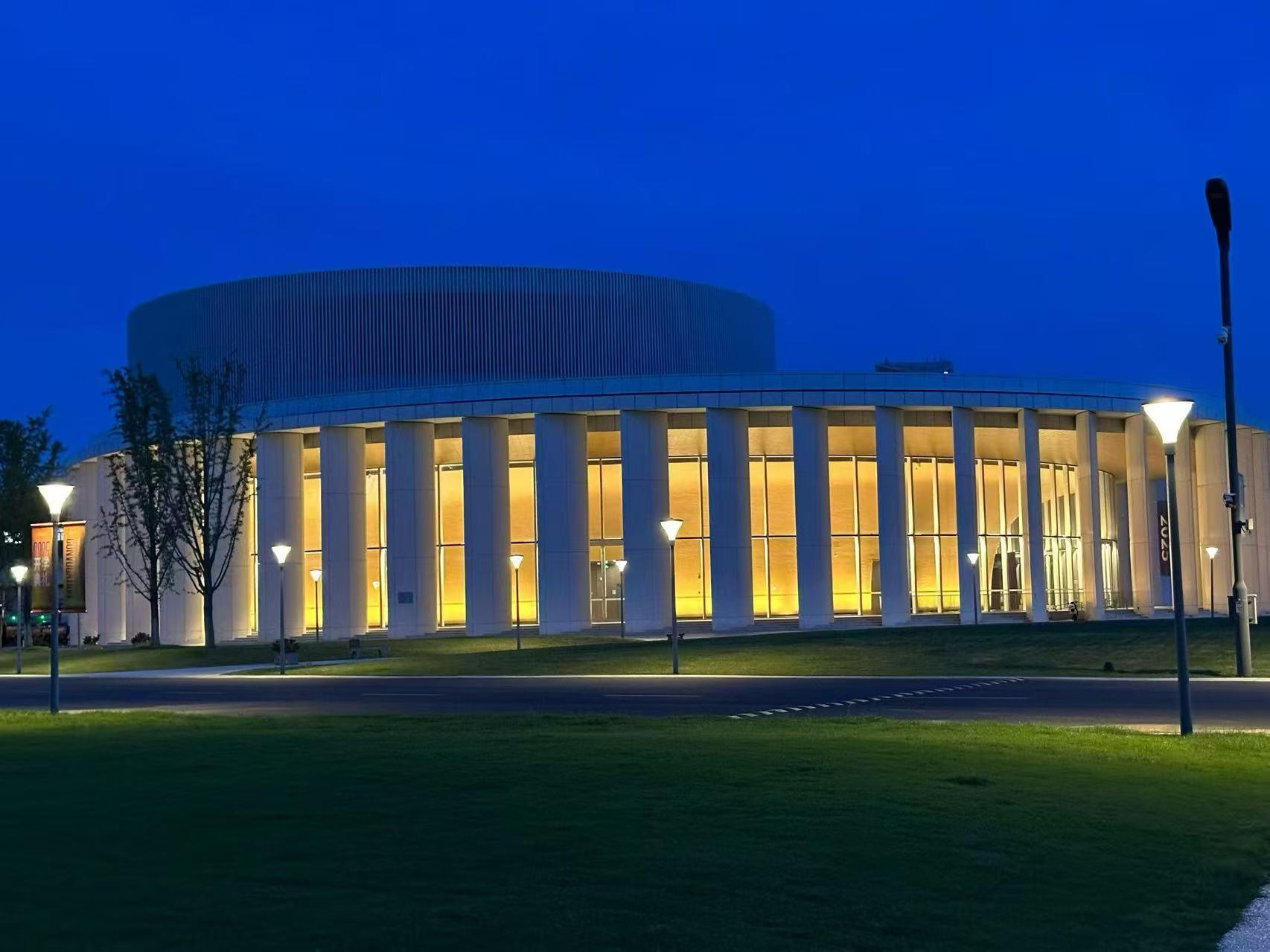 Westlake University campus building at night