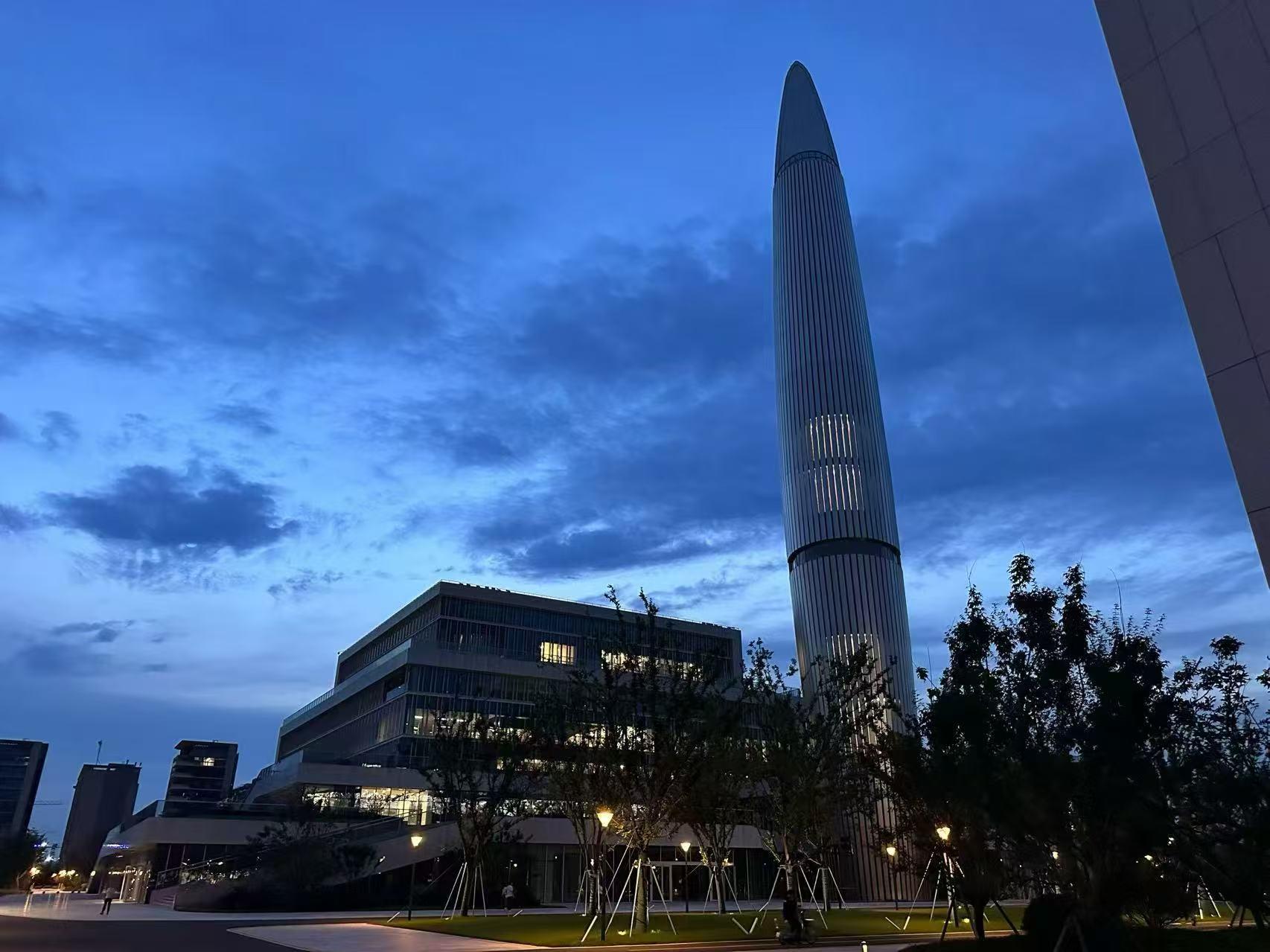 Westlake University tower and campus at dusk
